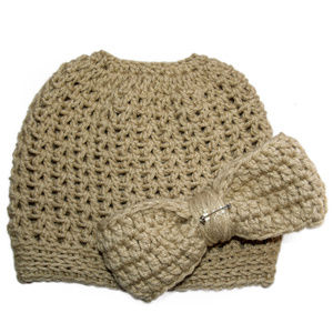 Tan Messy Bun Hat w/Clip-On Bow - MADE TO ORDER